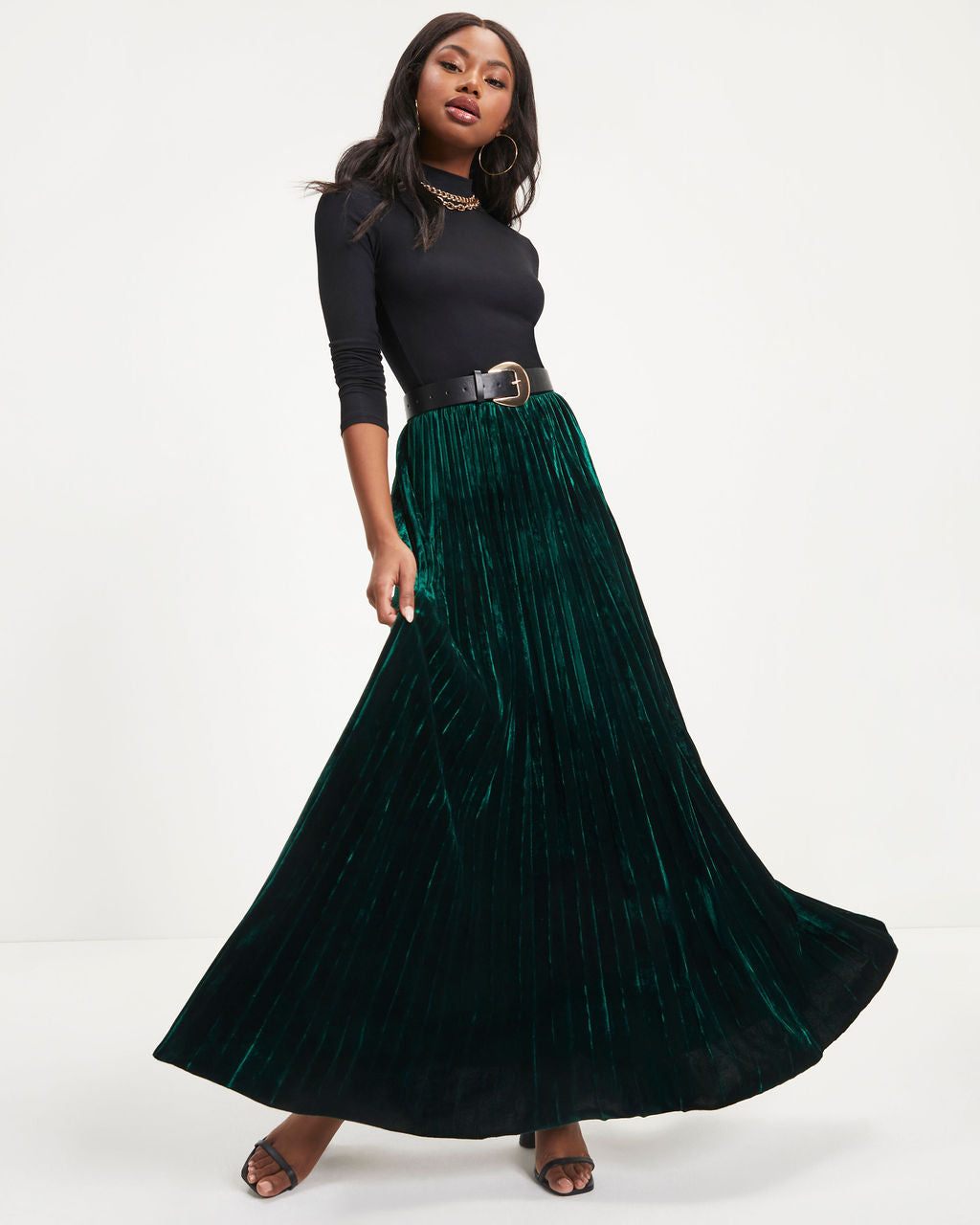 Claire Velvet Pleated Maxi Skirt - Pine
