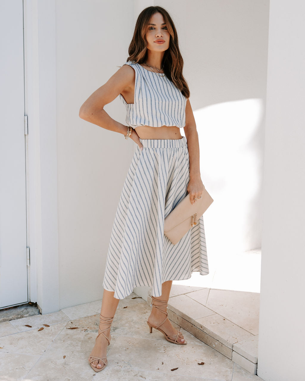 Coast To Coast Striped Pocketed Midi Skirt