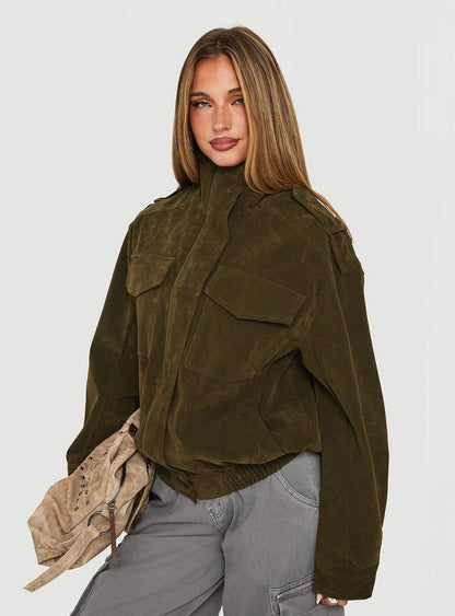 Double Life Funnel Neck Cargo Jacket Olive Green