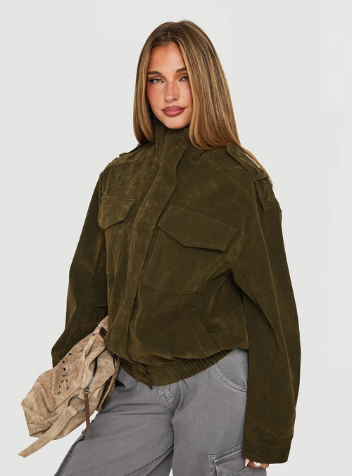 Double Life Funnel Neck Cargo Jacket Olive Green