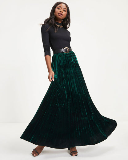 Claire Velvet Pleated Maxi Skirt - Pine