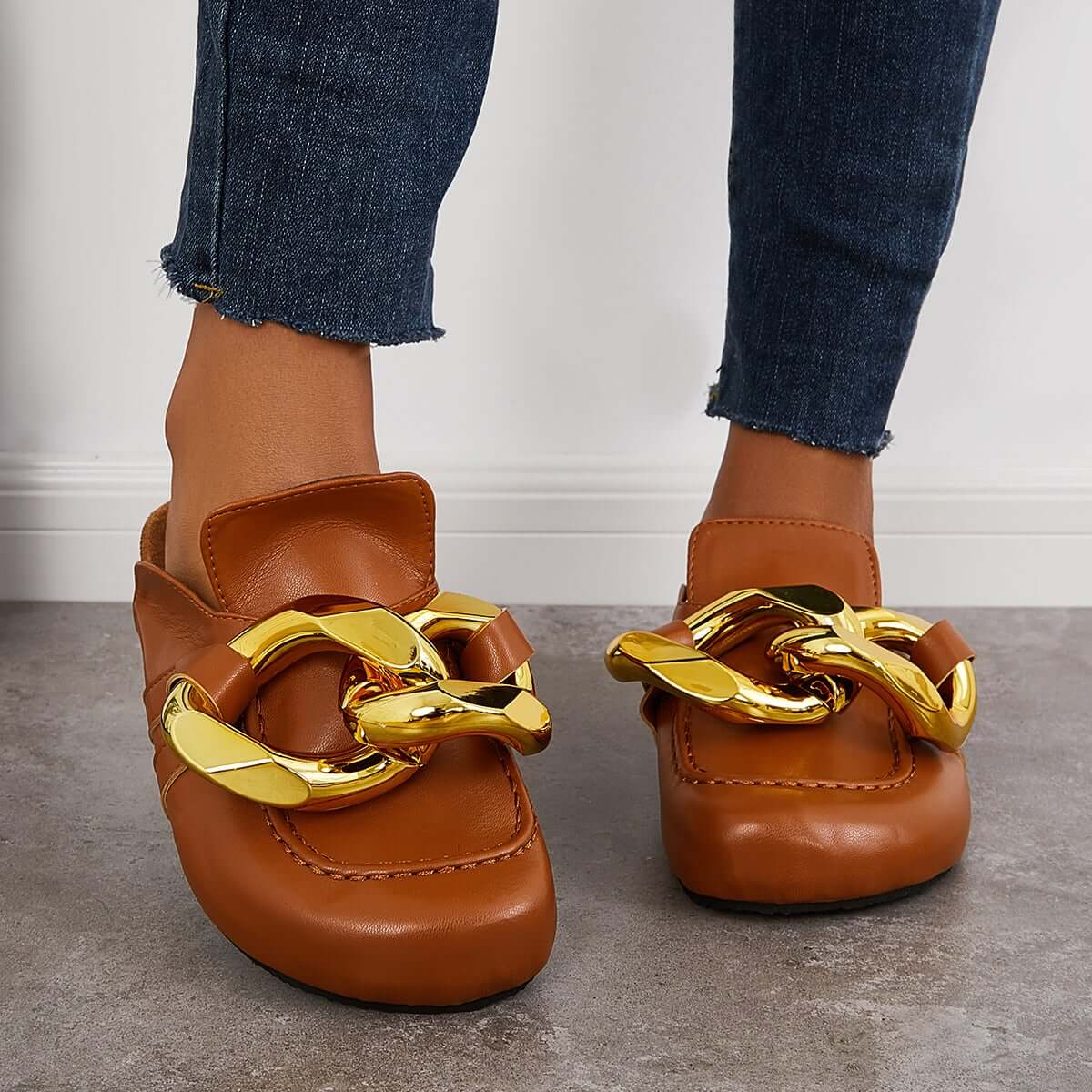 Cork Footbed Flat Slip-on Backless Mule Slide Metal Chain Slippers