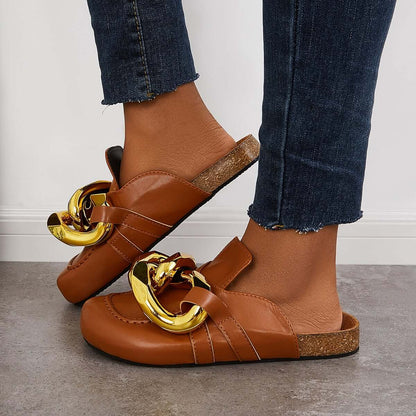 Cork Footbed Flat Slip-on Backless Mule Slide Metal Chain Slippers