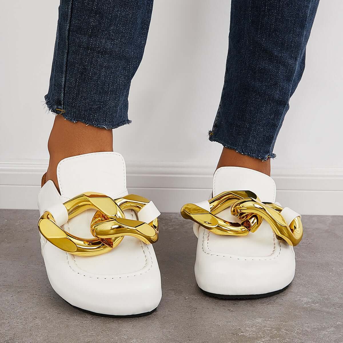 Cork Footbed Flat Slip-on Backless Mule Slide Metal Chain Slippers