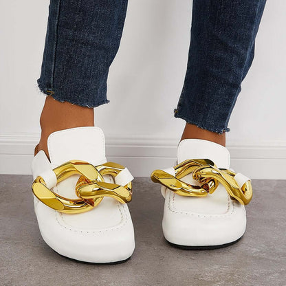Cork Footbed Flat Slip-on Backless Mule Slide Metal Chain Slippers