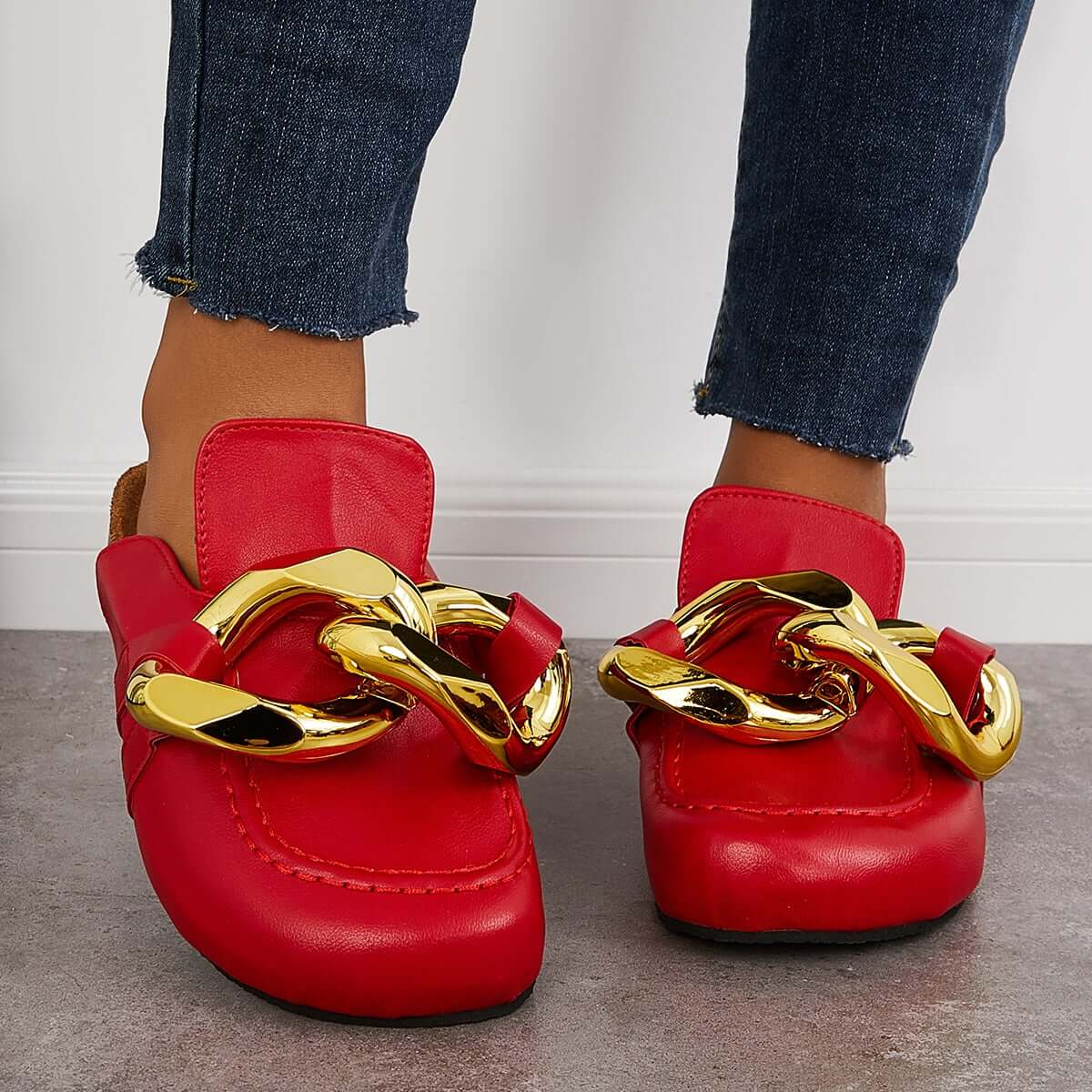 Cork Footbed Flat Slip-on Backless Mule Slide Metal Chain Slippers