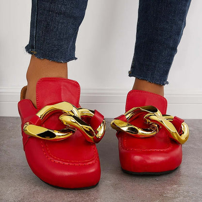 Cork Footbed Flat Slip-on Backless Mule Slide Metal Chain Slippers