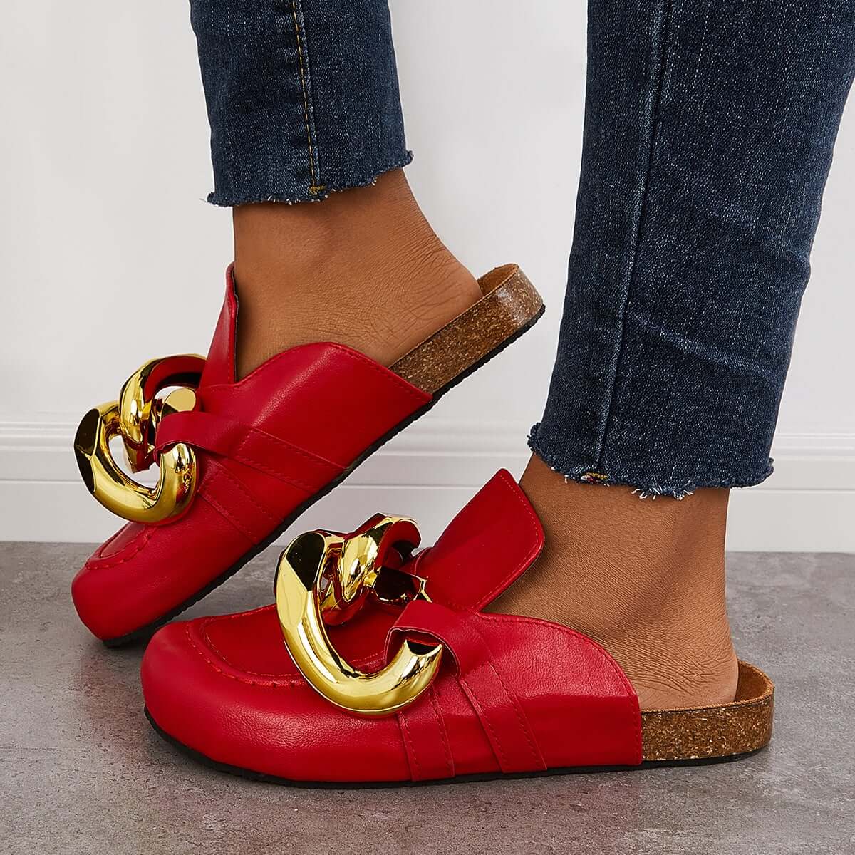 Cork Footbed Flat Slip-on Backless Mule Slide Metal Chain Slippers