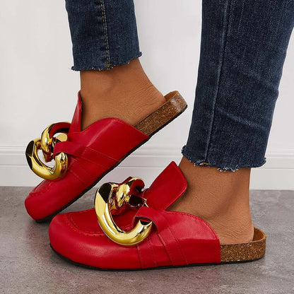 Cork Footbed Flat Slip-on Backless Mule Slide Metal Chain Slippers