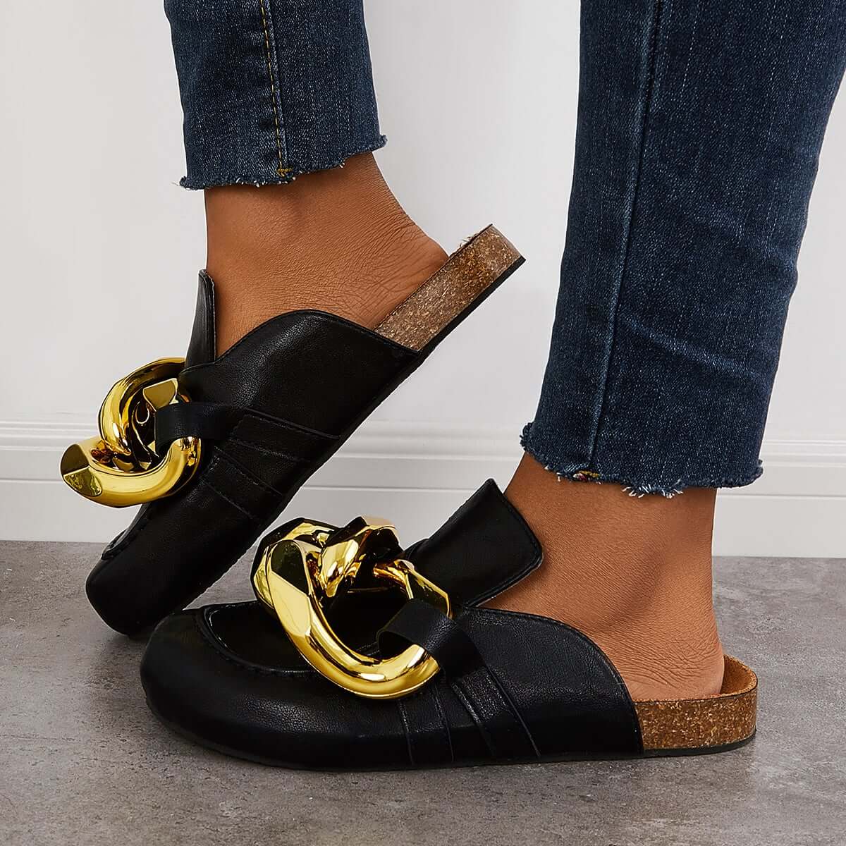 Cork Footbed Flat Slip-on Backless Mule Slide Metal Chain Slippers
