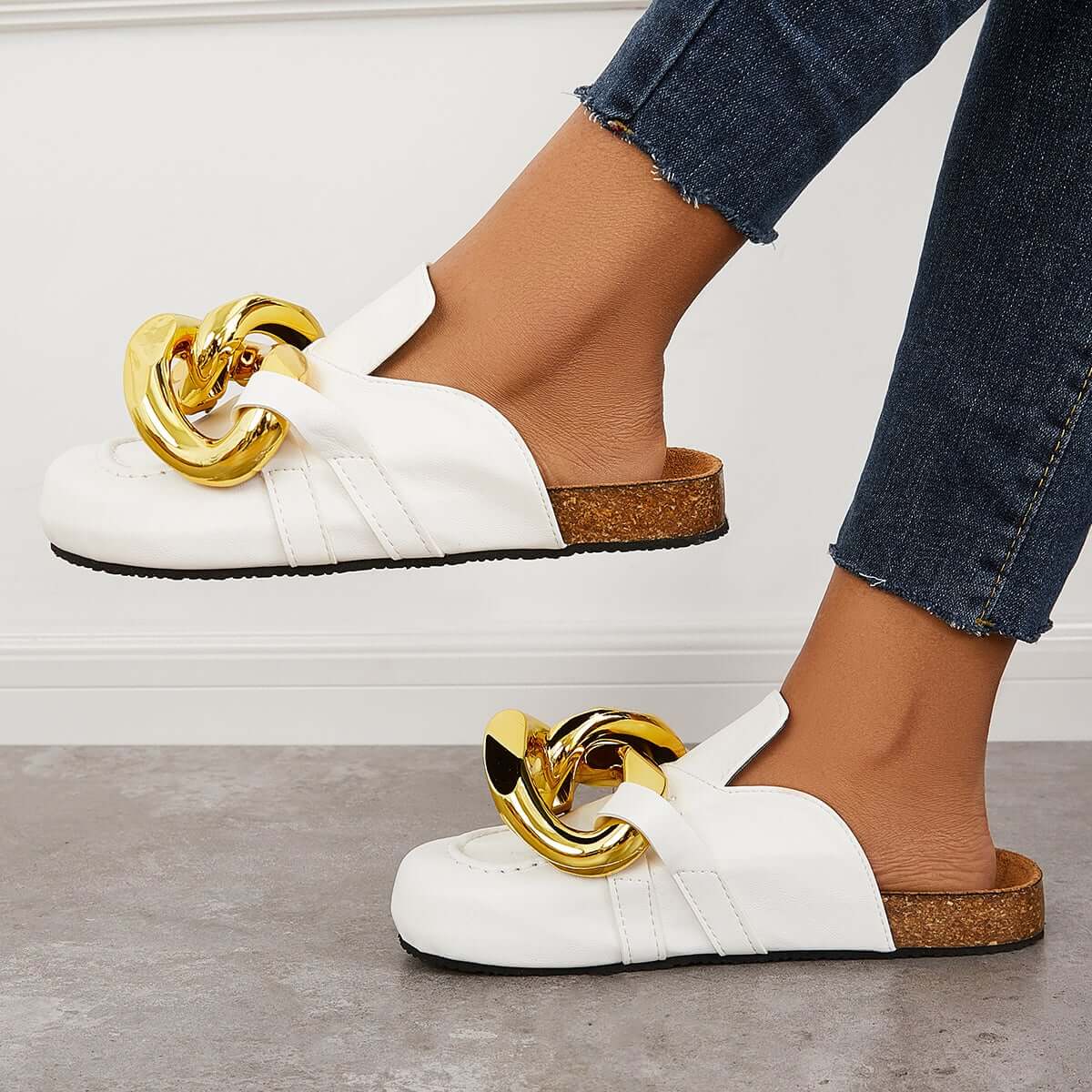 Cork Footbed Flat Slip-on Backless Mule Slide Metal Chain Slippers