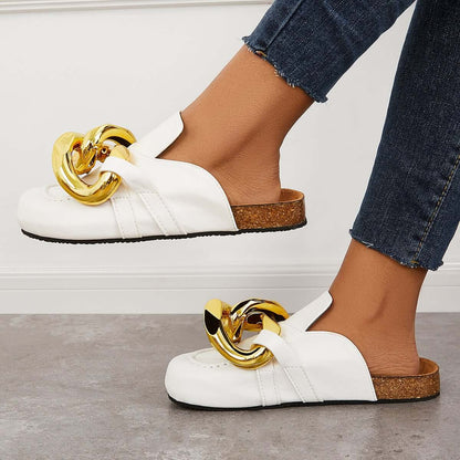 Cork Footbed Flat Slip-on Backless Mule Slide Metal Chain Slippers