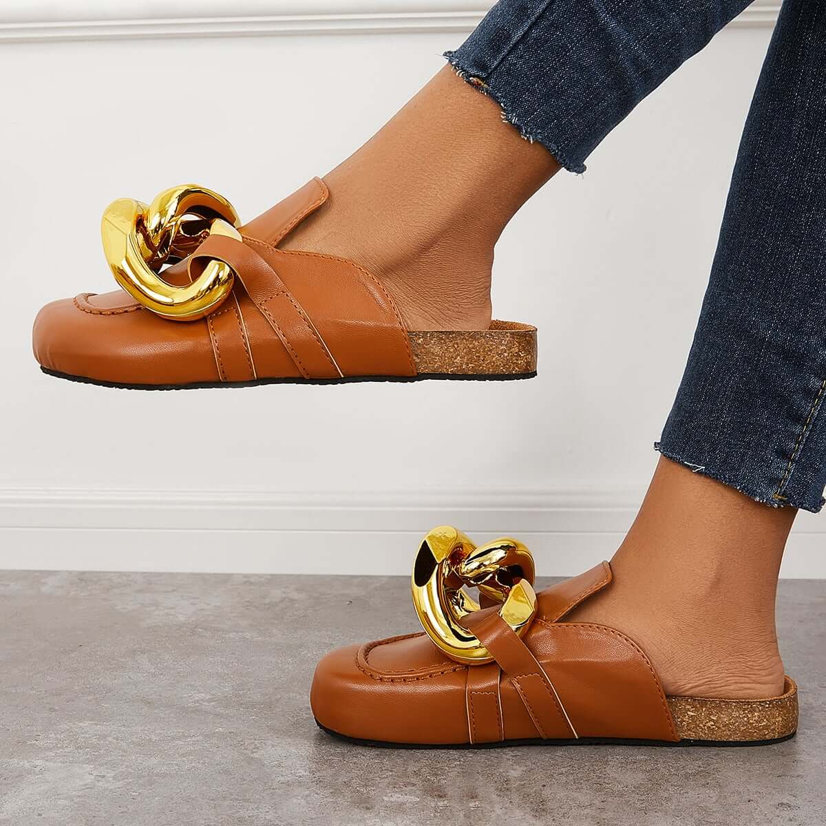 Cork Footbed Flat Slip-on Backless Mule Slide Metal Chain Slippers