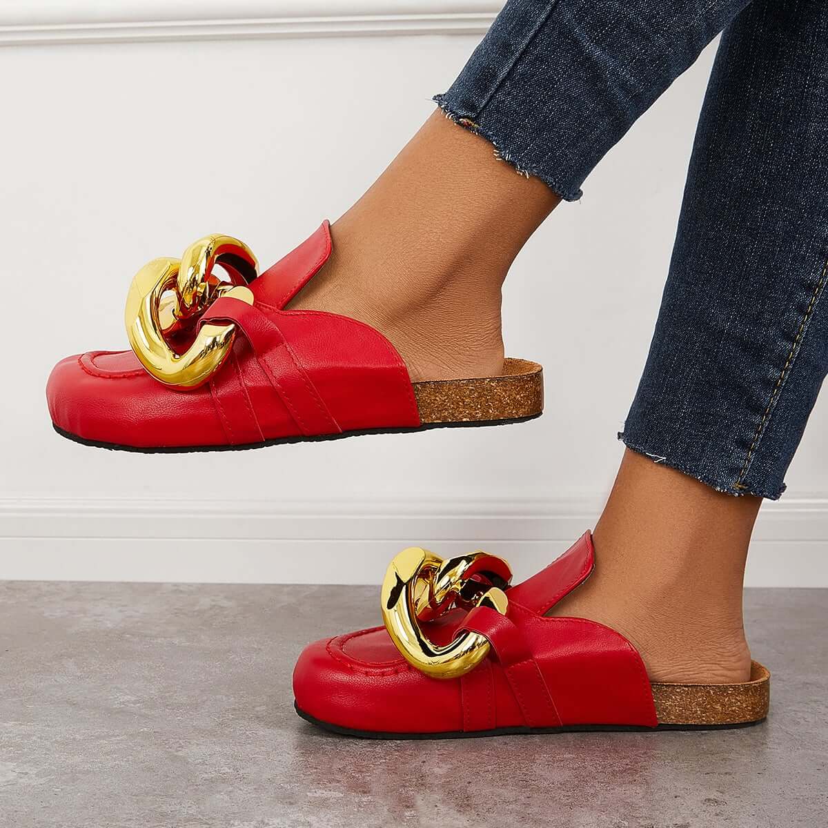 Cork Footbed Flat Slip-on Backless Mule Slide Metal Chain Slippers