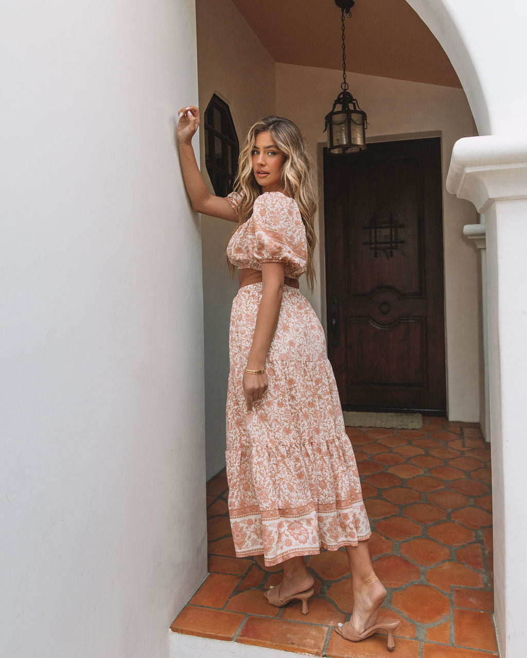 Adela Floral Midi Skirt - Peach