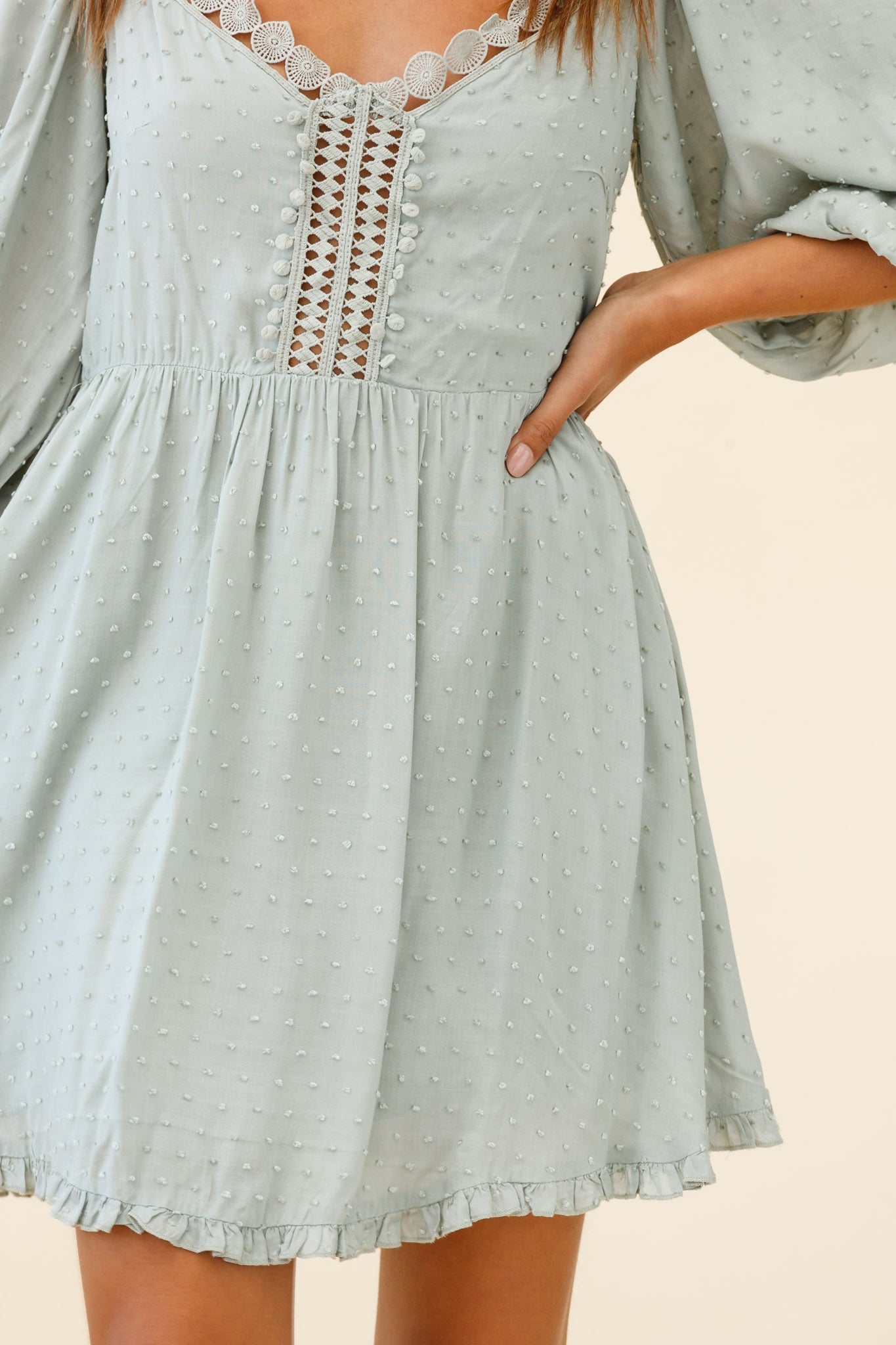 Dream Lover Puff Sleeve Crochet Insert Dress Olive