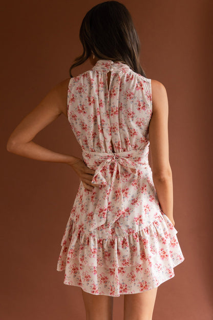 Mandalay High Neck Sleeveless Waistband Dress Vintage Floral Pink