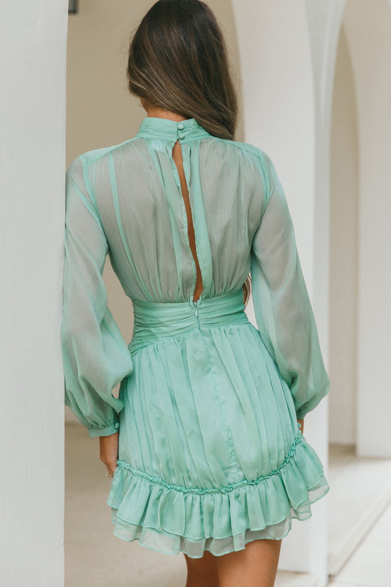 Mandalay High Neck Long Sleeve Waistband Dress Sage