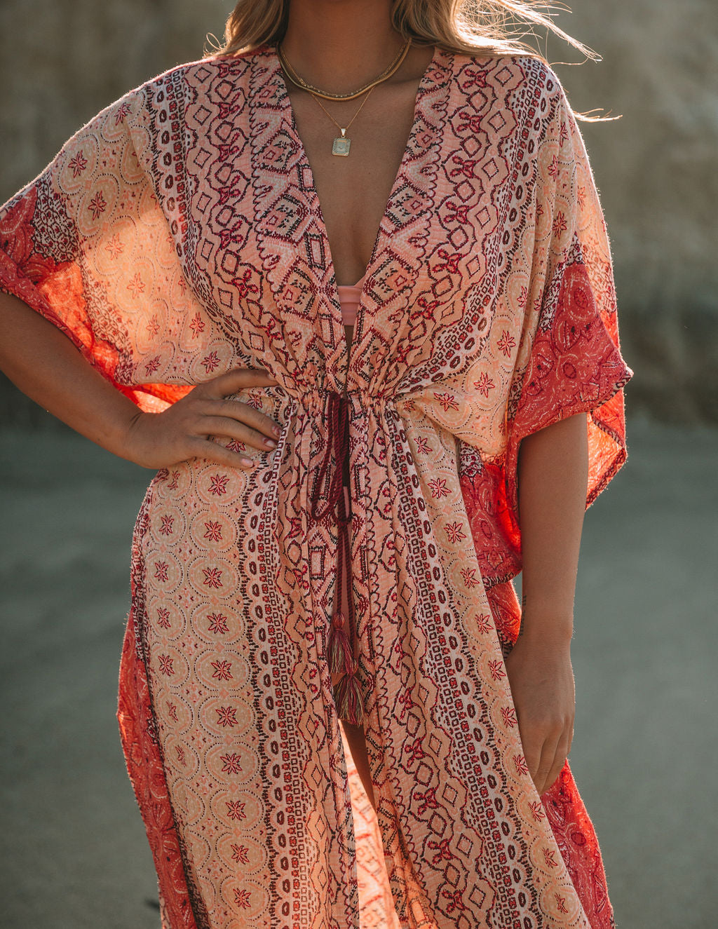 Blue Crush Printed Metallic Duster Kimono - Blush