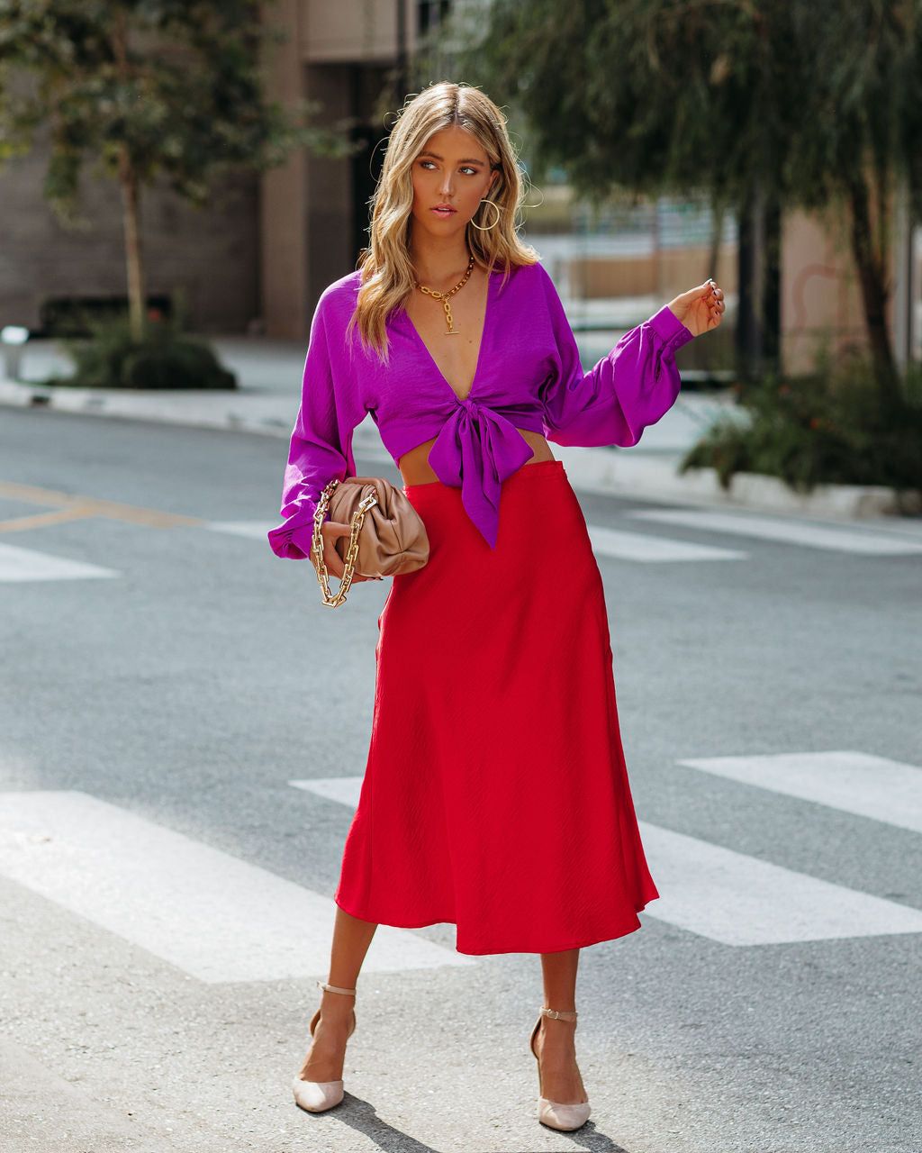 Brenda Satin Tie Front Crop Blouse - Magenta