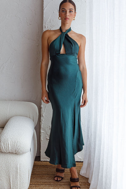 Te Amo Halterneck Open Back Midi Dress Forest Green
