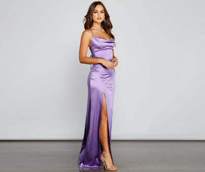 Cassie Sleeveless Satin High Slit Formal Dress