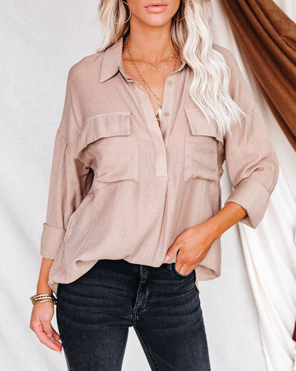 Dedicated Button Down Pocket Top - Taupe