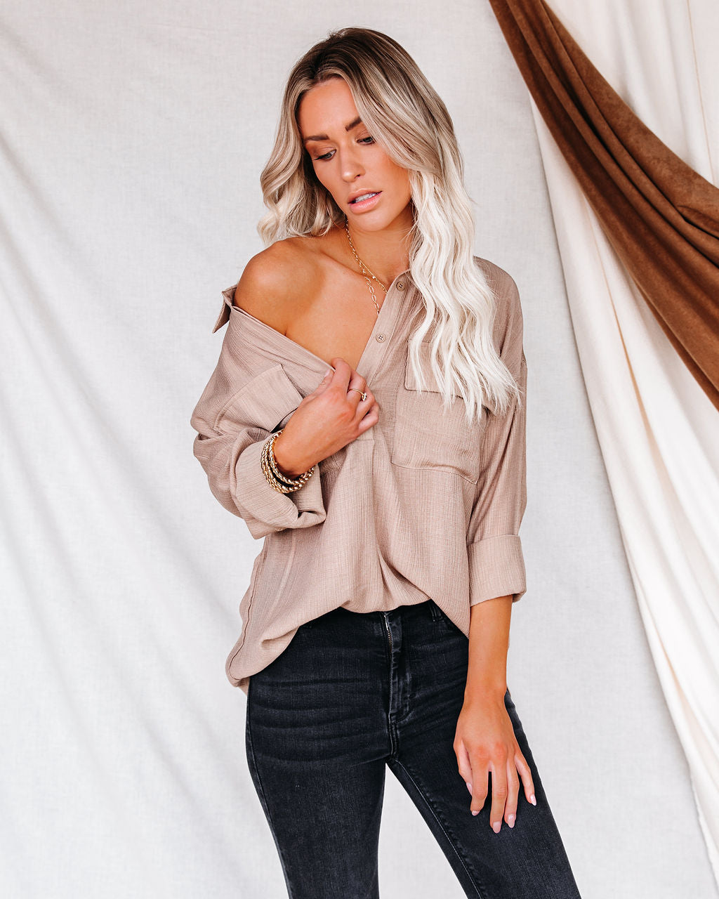 Dedicated Button Down Pocket Top - Taupe
