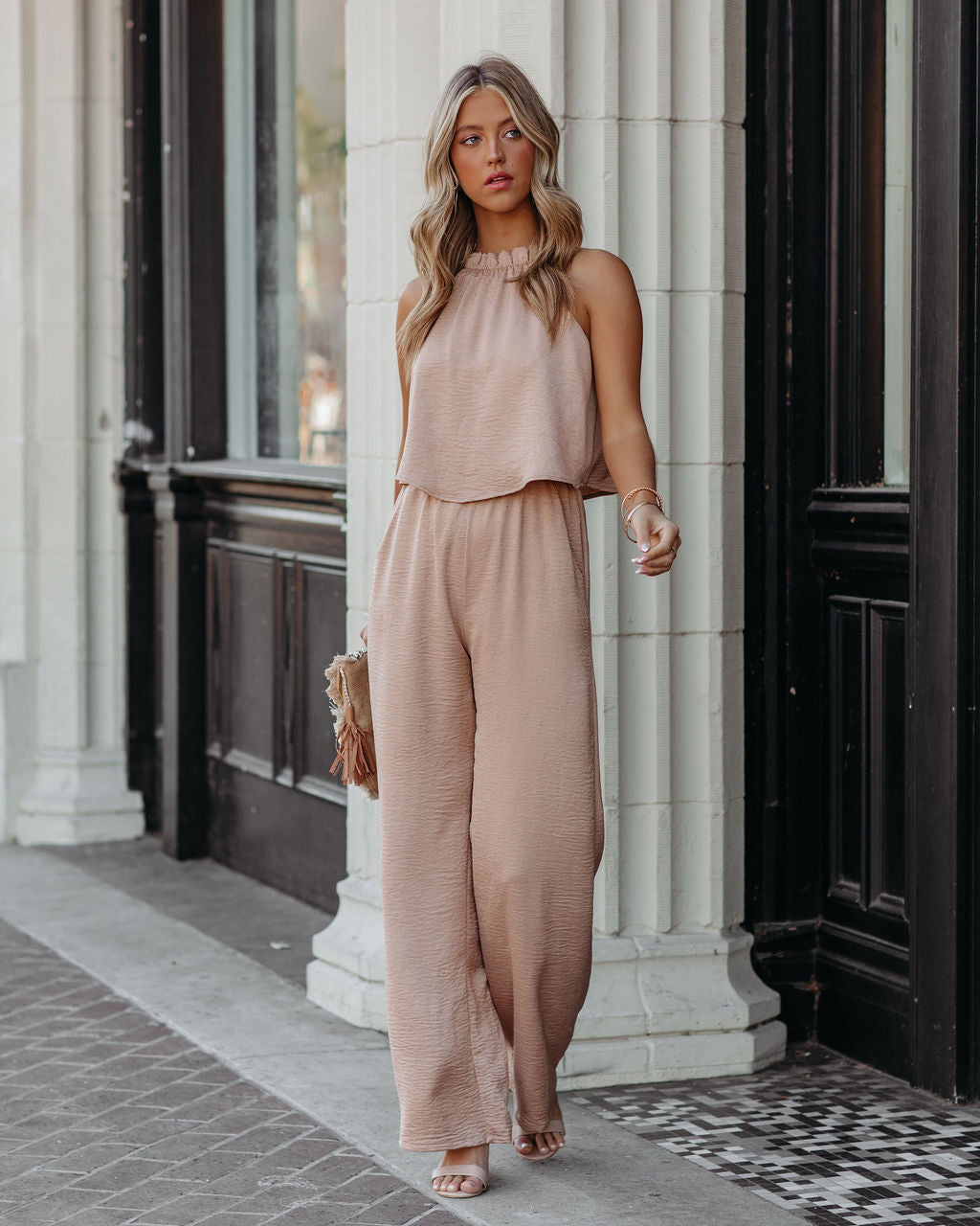 Fancied Pocketed Satin Jumpsuit - Champagne