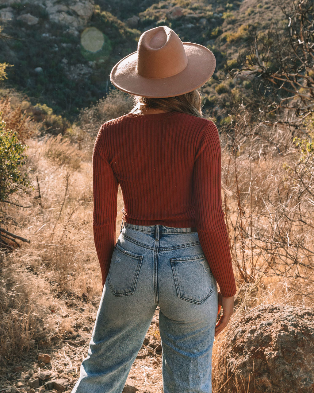 Faye Cropped Ribbed Knit Top - Brick