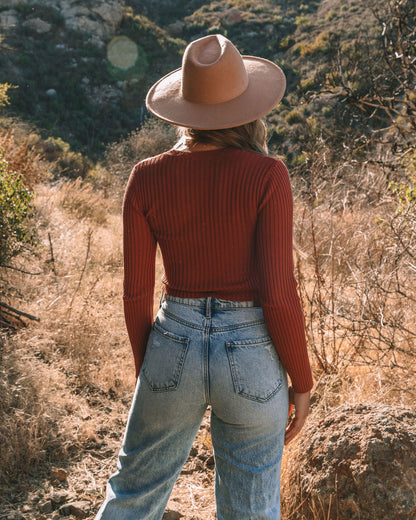 Faye Cropped Ribbed Knit Top - Brick