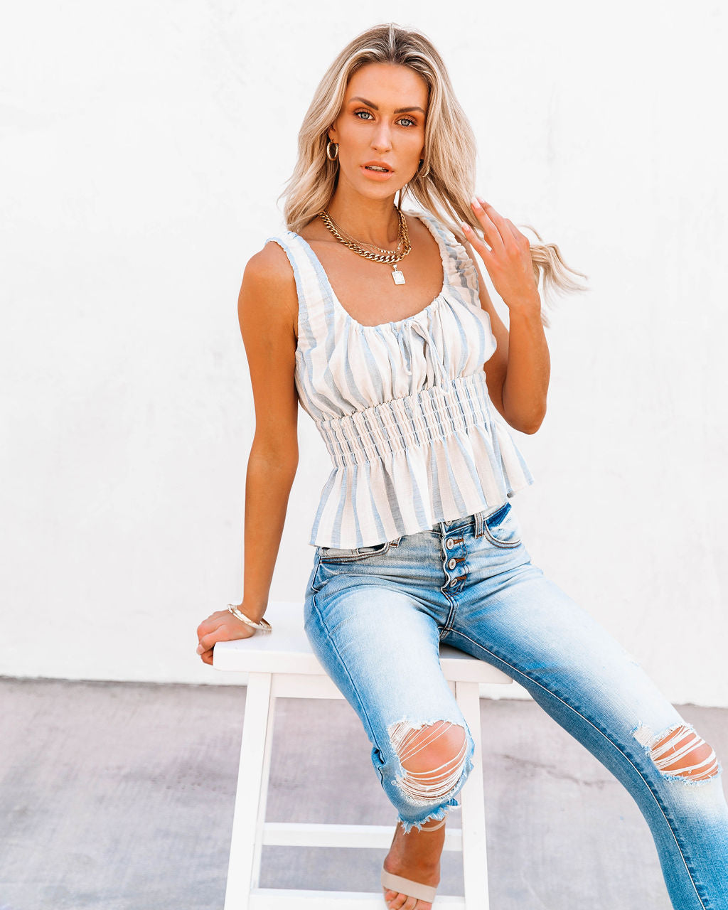 Glass Beach Cotton Striped Smocked Babydoll Top