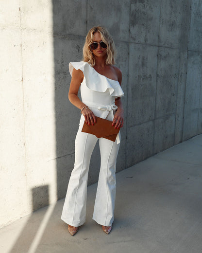 Cameran Cotton One Shoulder Flare Jumpsuit - White
