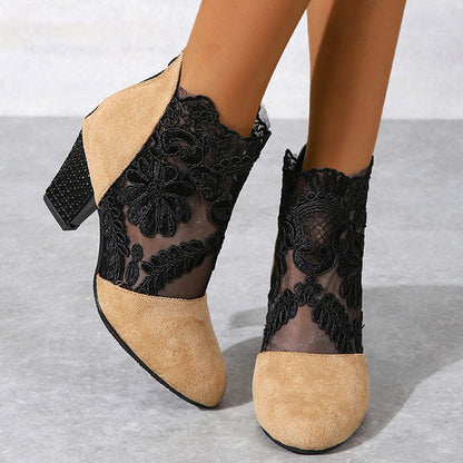 Applique Stitching Lace Zipper Floral Boots