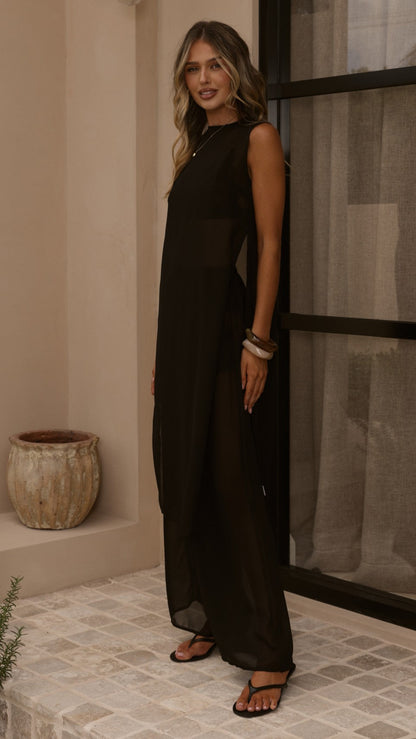 Zaire Long Line Sheer Top and Pants Set - Black