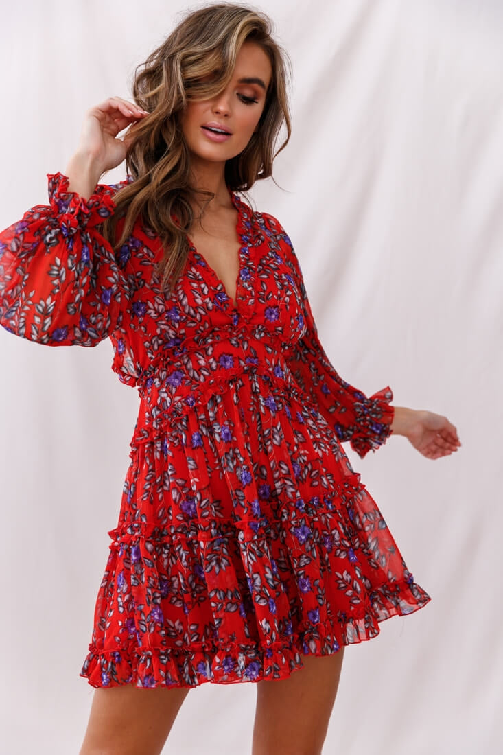 Laney Cutout Back Ruffle Trim Dress Red Floral