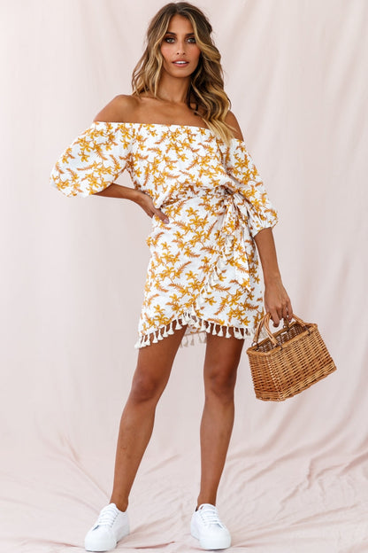 Cayman Tassel Trim Wrap Dress White/Yellow